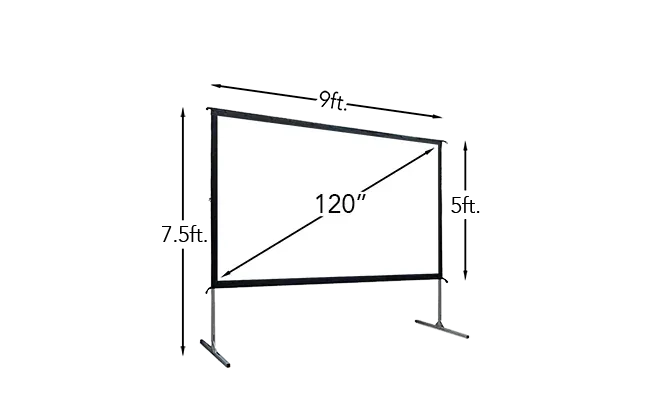 120-inch fast-fold projection screen size diagram showing 10ft width and 7.5ft height