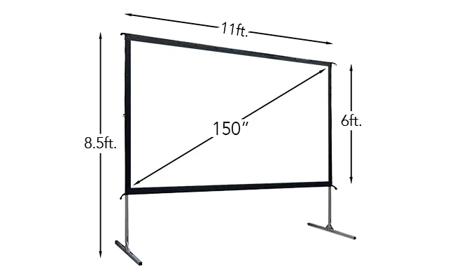 150-inch fast-fold projection screen size diagram showing 11ft width and 8.5ft height