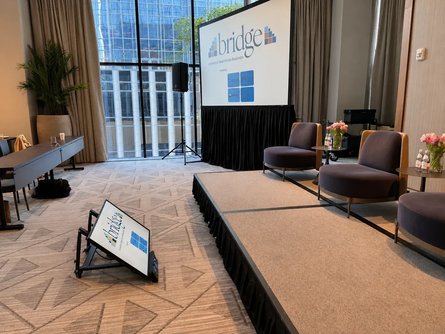 Conference stage with large projection screen and confidence monitor in Nashville