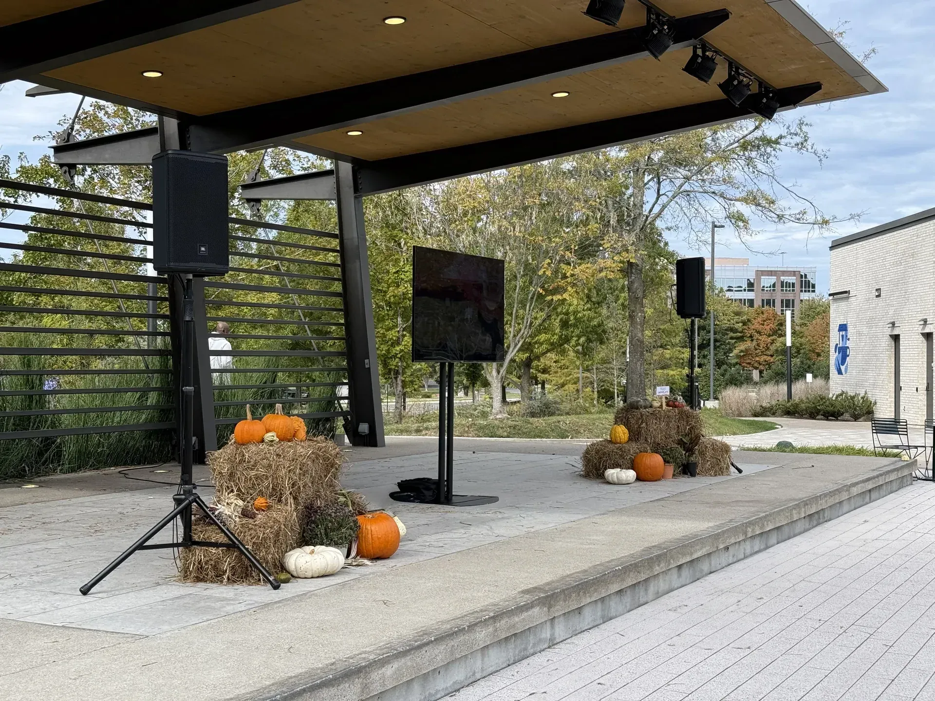 Fall festival AV setup with PA speakers and outdoor stage in Nashville