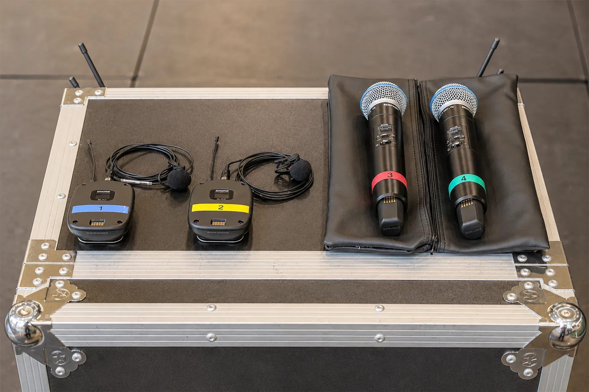 Shure wireless microphone system with lavalier and handheld mics for event rental