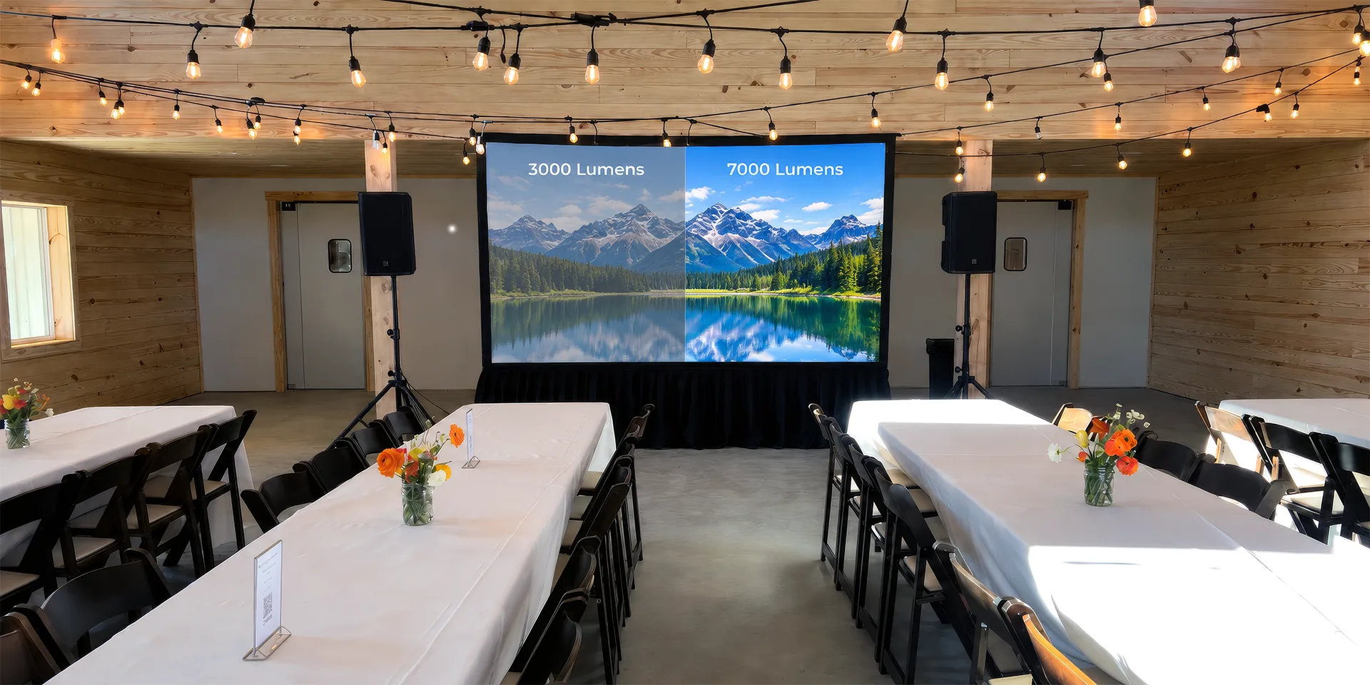 Side-by-side event projection comparison showing the same image at 3,000 lumens and 7,000 lumens in the same room.