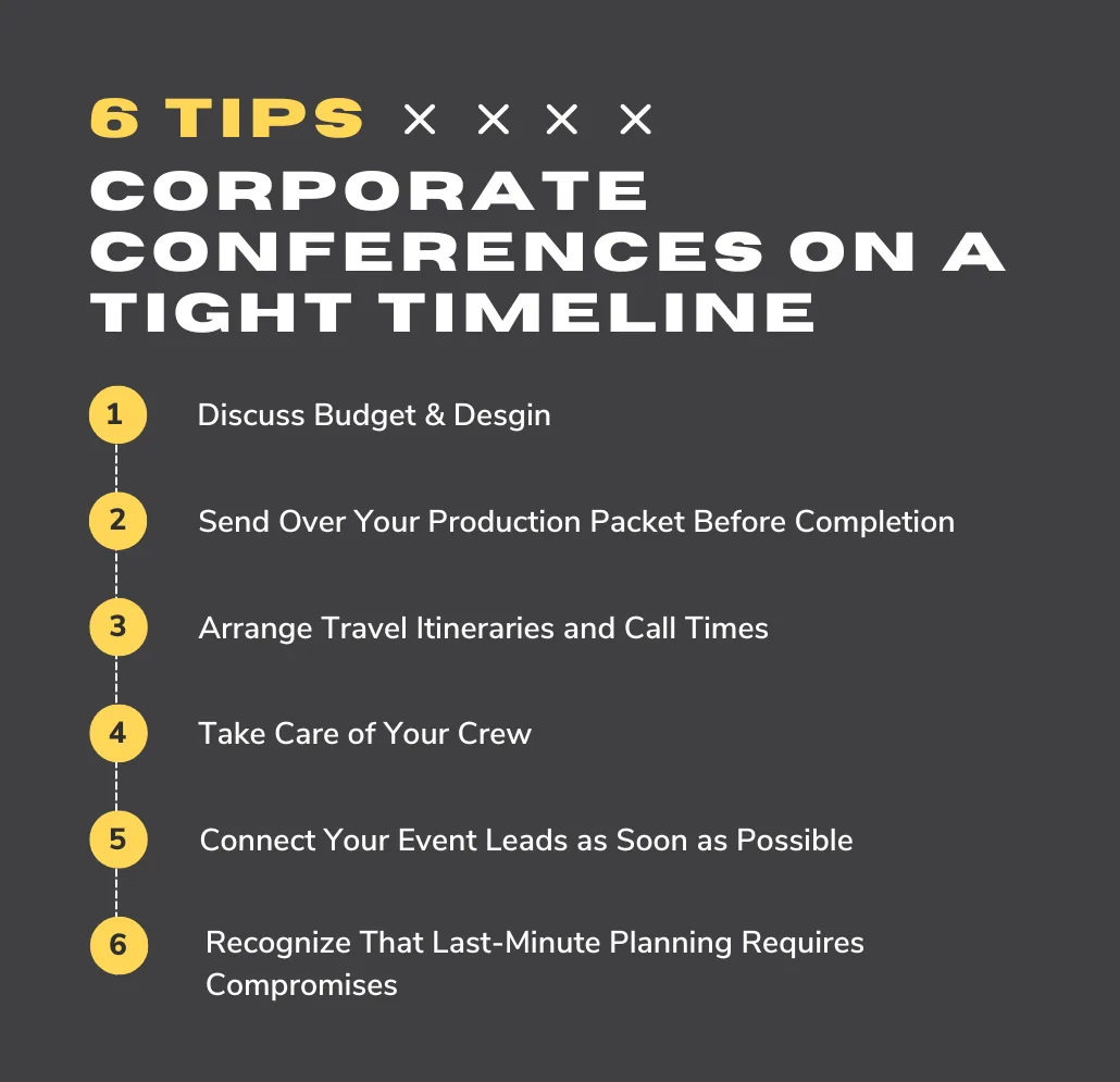 Infographic displaying six tips for planning corporate conferences with limited time