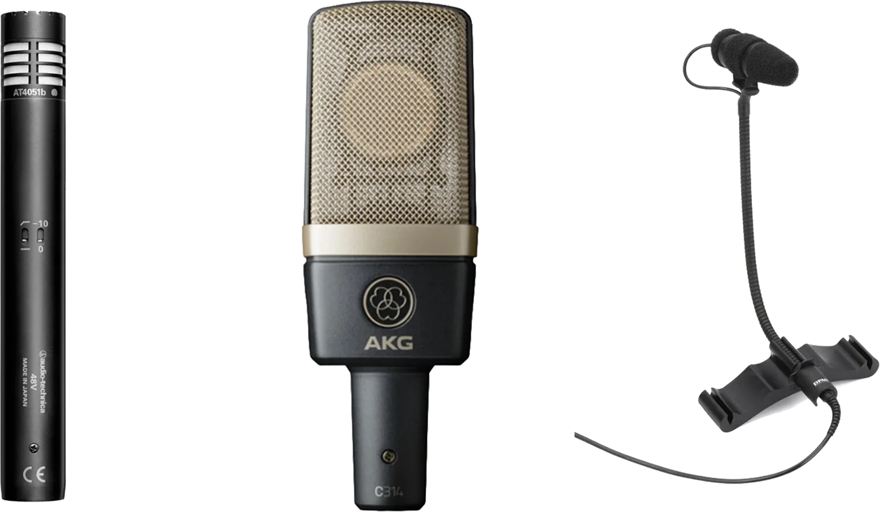 Audio-Technica AT4051b, AKG C314 and DPA clip-on microphones for acoustic instrument capture