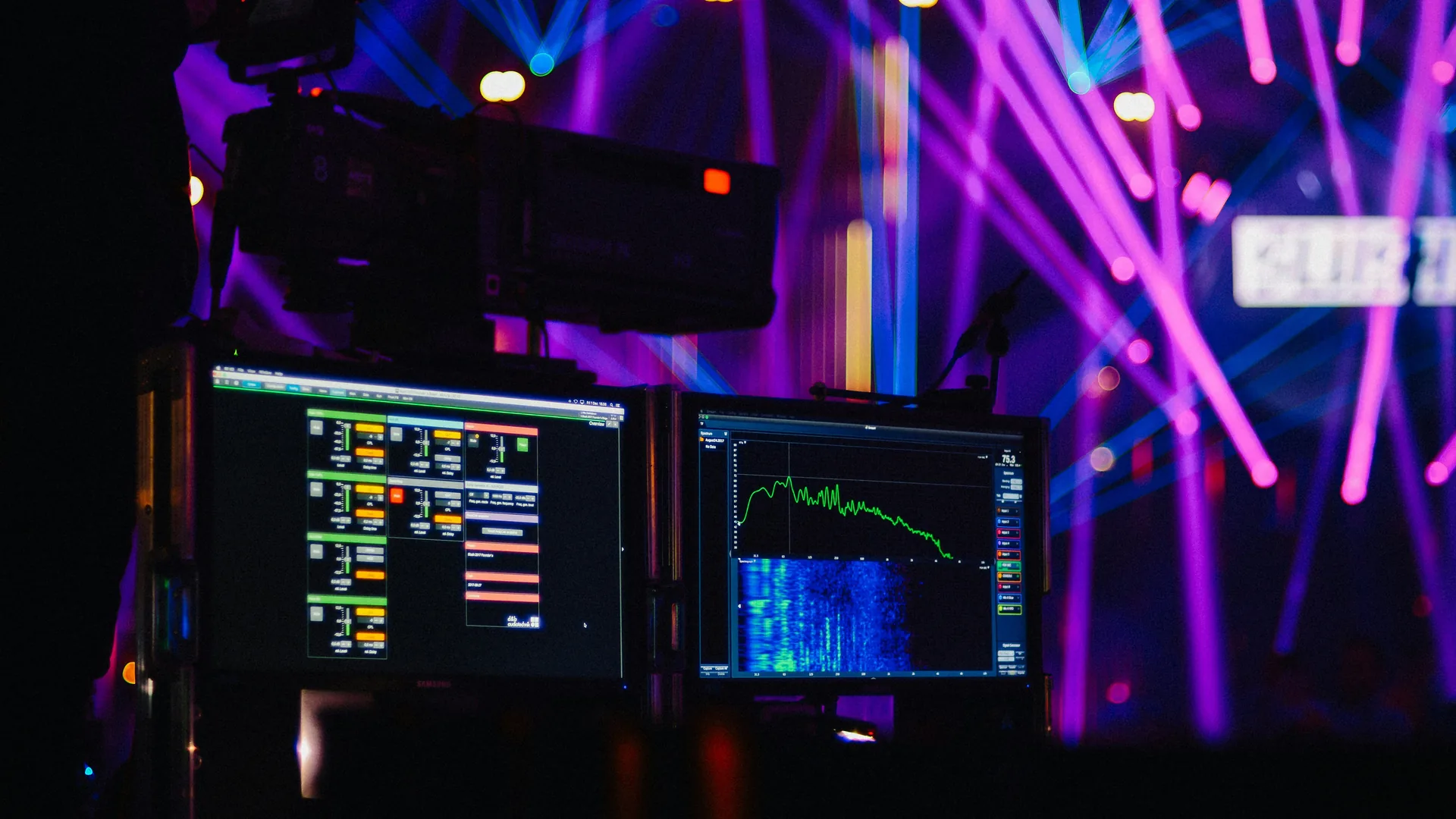 Audio and RF analysis software monitoring sound levels during concert tech run