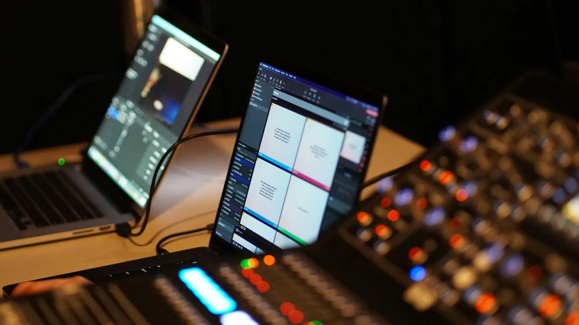 AV crew preparing slides and video cues before an event