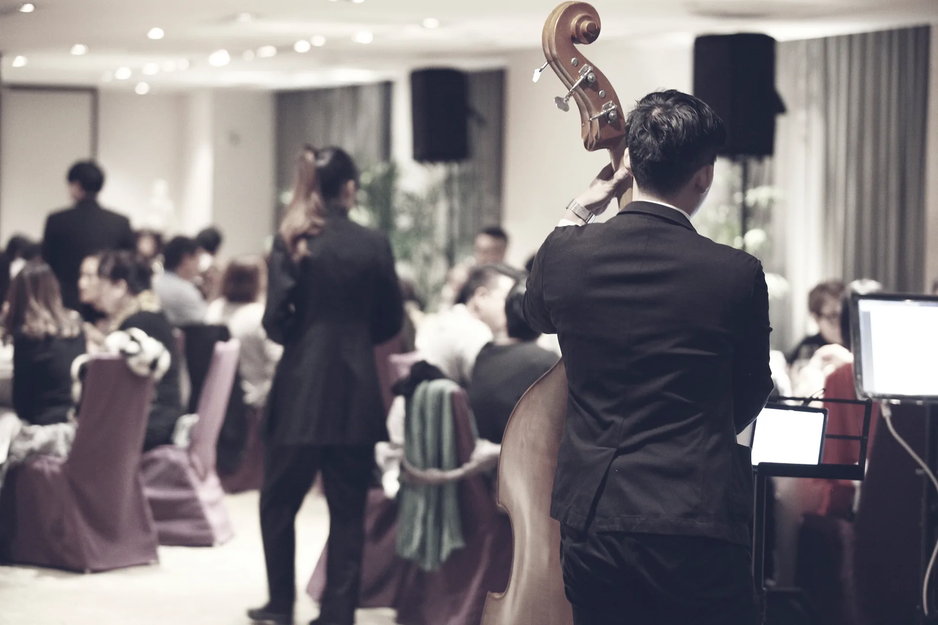 Christmas party setup with professional sound rental equipment and festive decorations