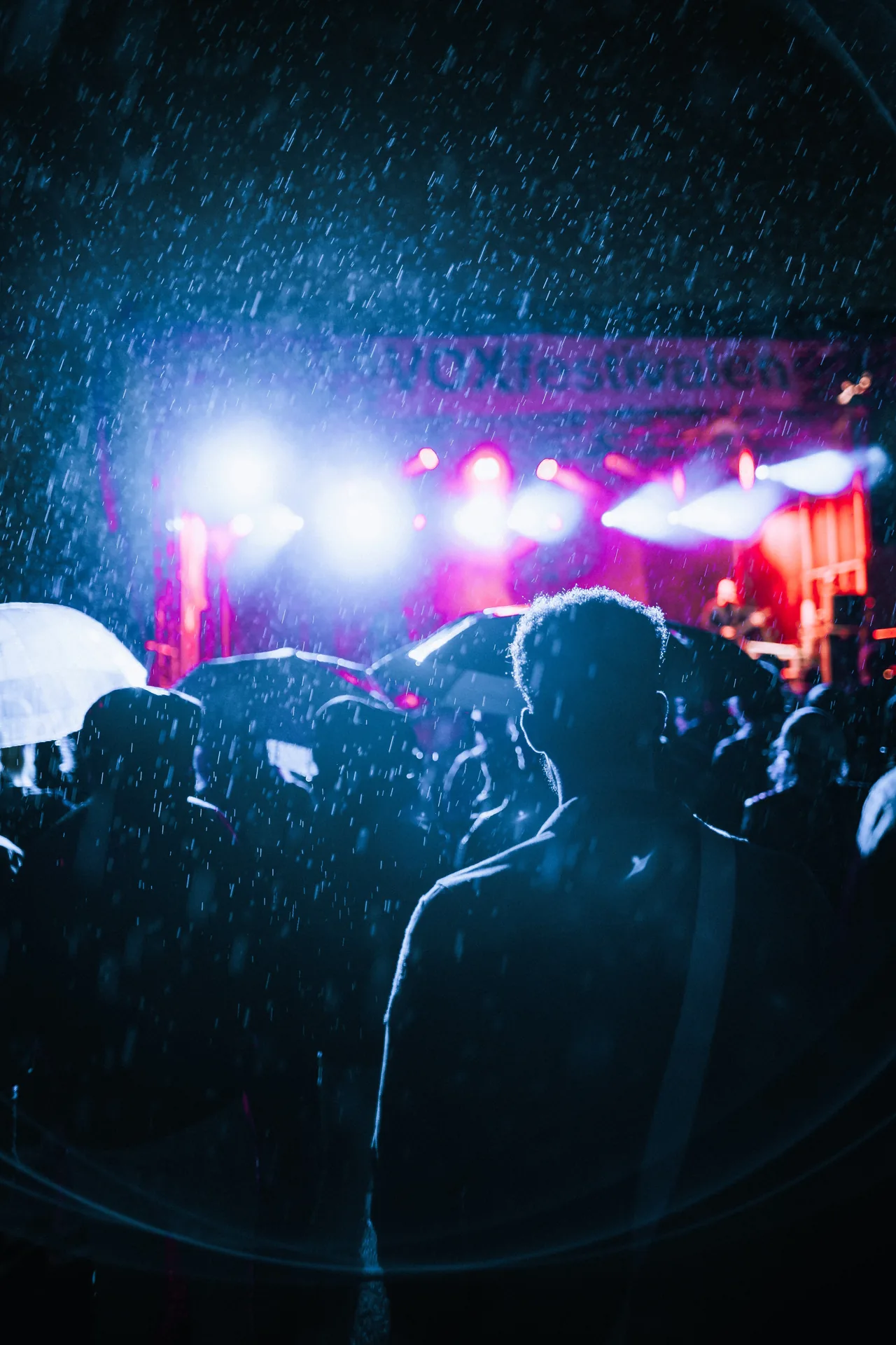 Outdoor concert crowd in the rain watching a live music performance