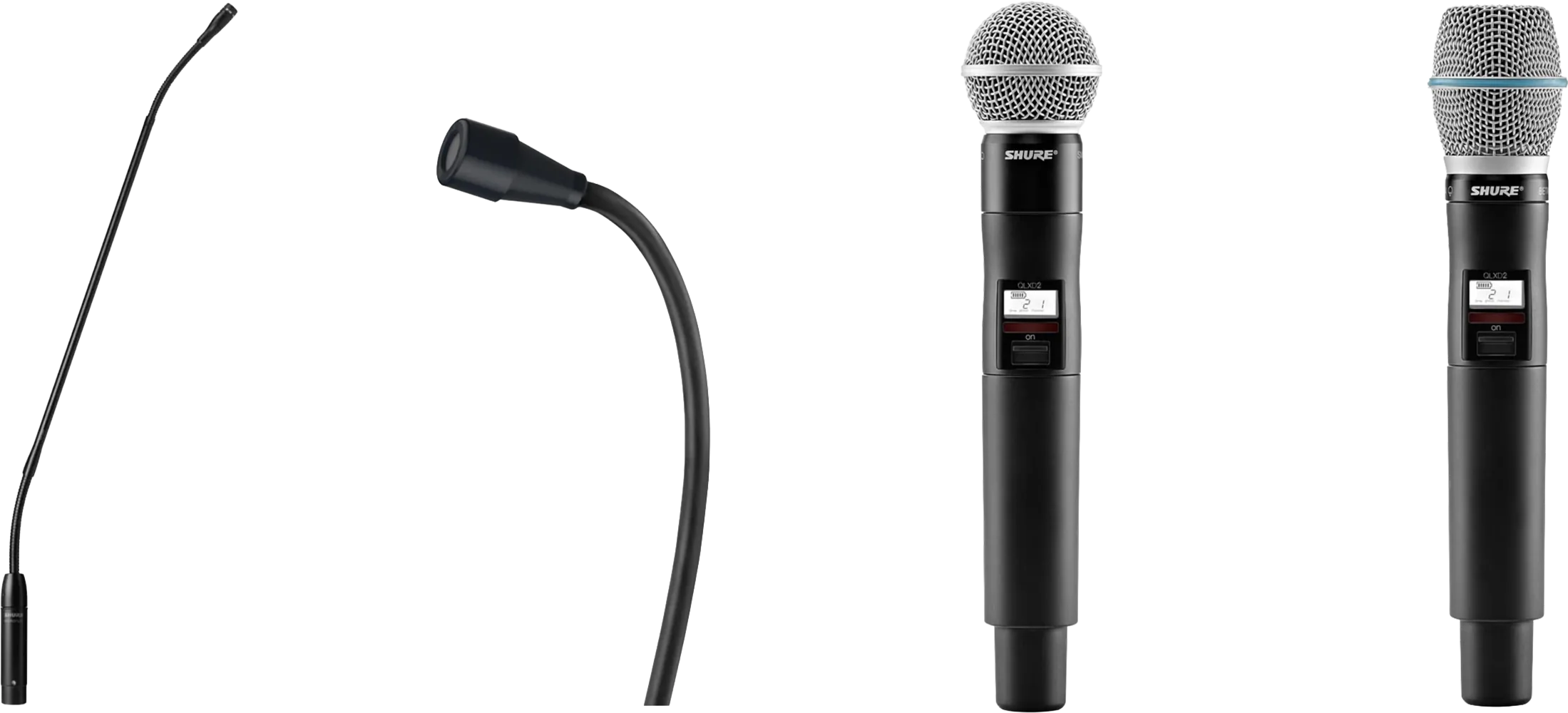 Corporate event microphone collection with gooseneck and Shure wireless handheld options