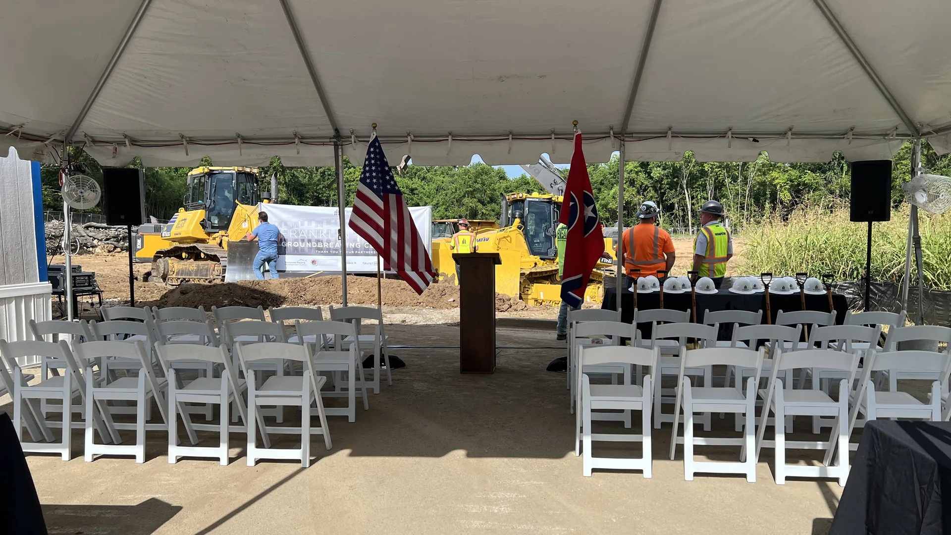 Corporate groundbreaking ceremony with outdoor audio system and professional AV equipment
