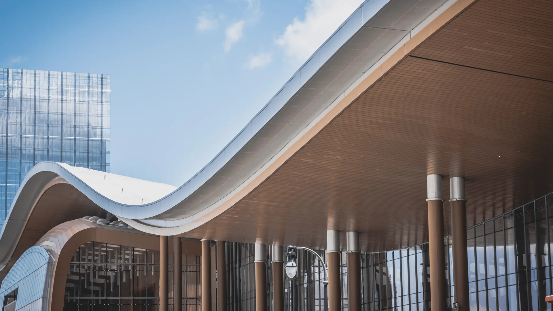 Modern curved roof architecture of Music City Center convention venue in downtown Nashville