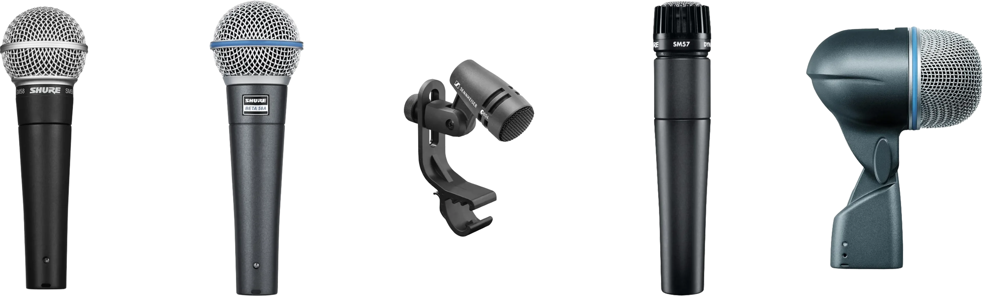 Live music event microphone lineup including vocal, instrument and kick drum mics