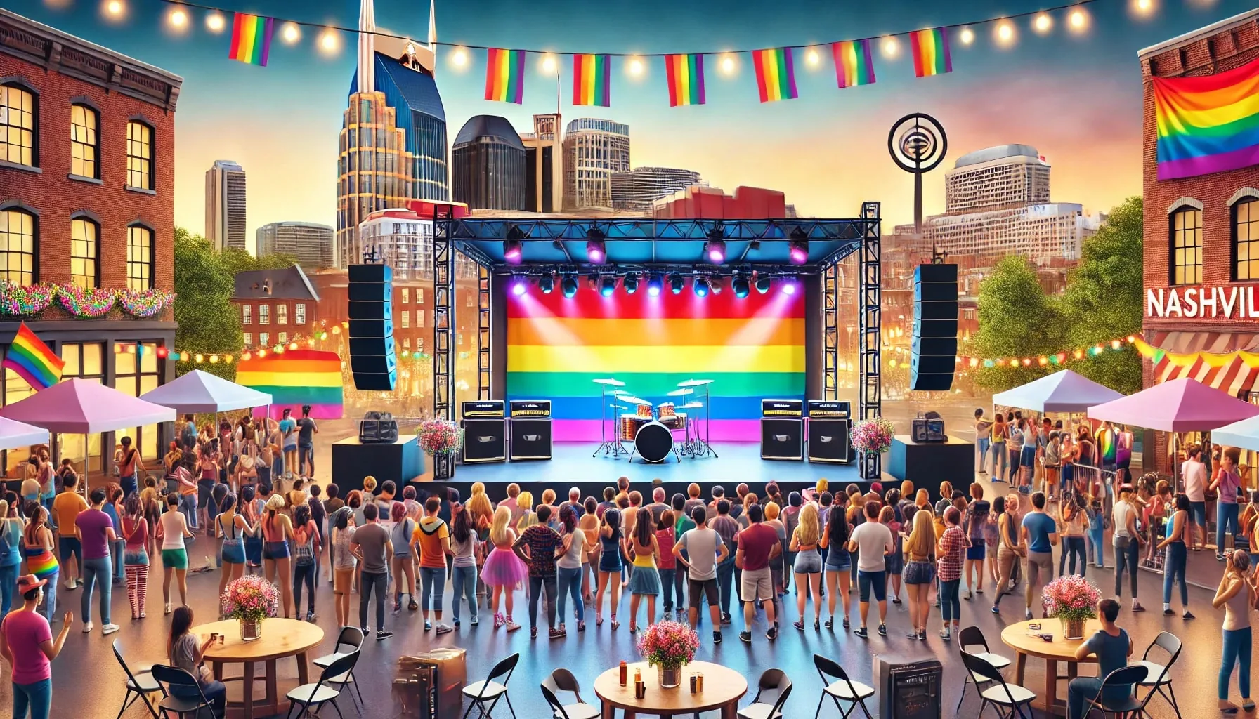 Outdoor stage with vibrant rainbow pride flags flying during downtown Nashville Pride celebration