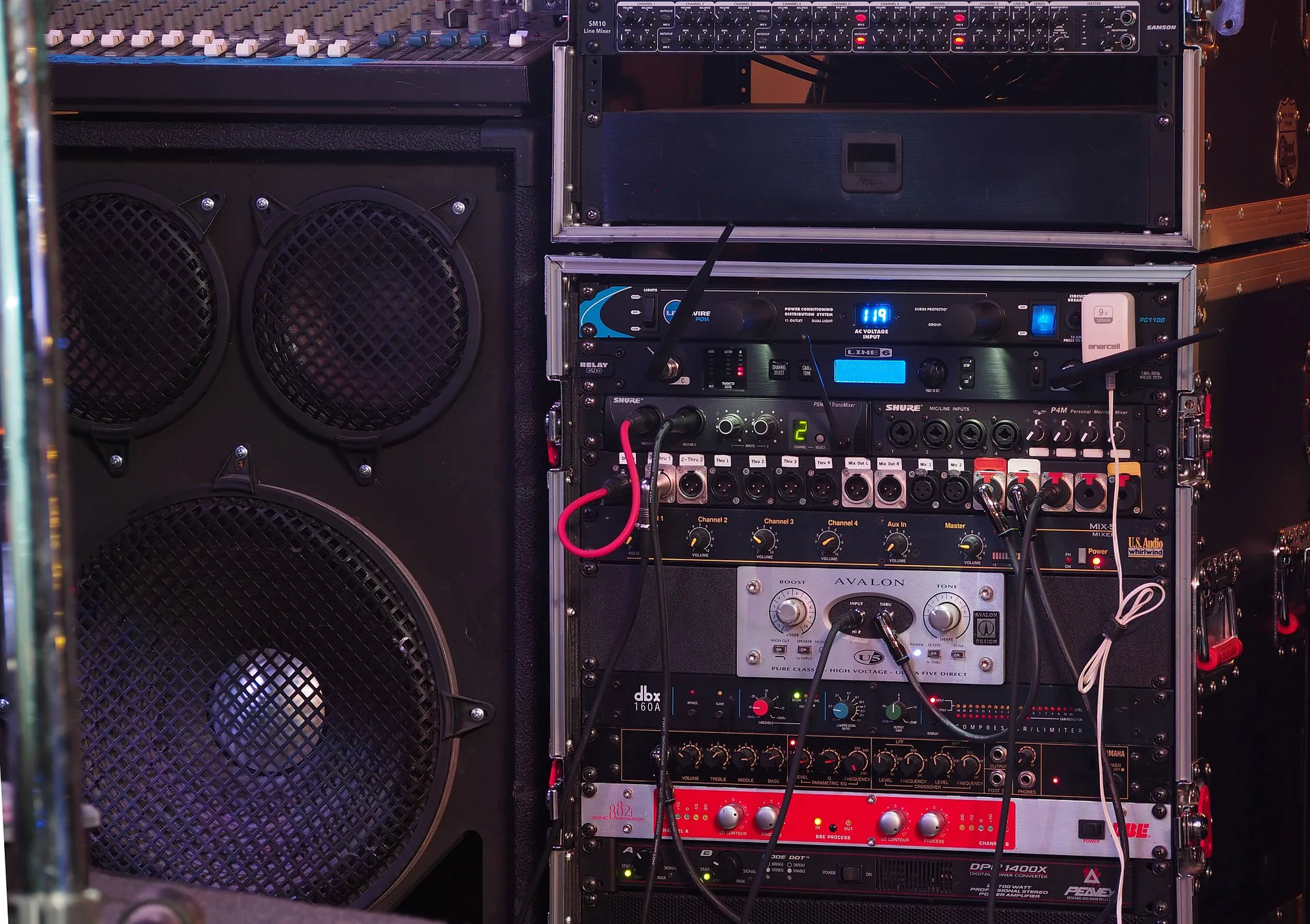 Outboard rack equipment including compressors and effects processors used in a live sound setup
