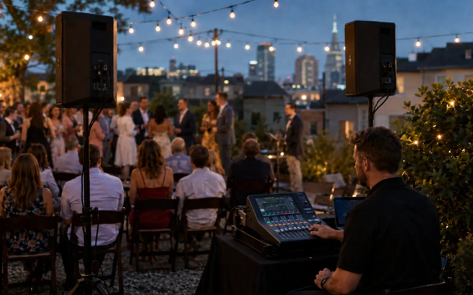 AV technician adjusting outdoor speakers and sound levels during Nashville event setup