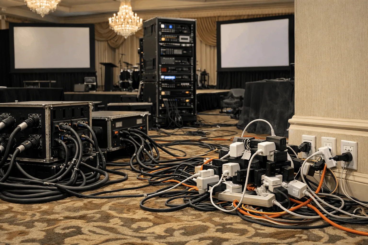 Multiple power strips and adapters stacked into ballroom outlets creating unsafe power distribution
