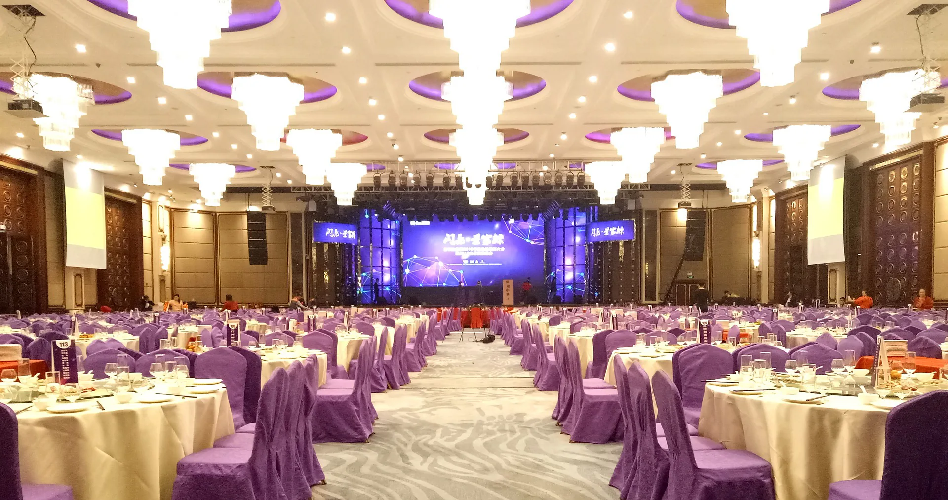 Live performance in a large banquet hall during a corporate event or conference