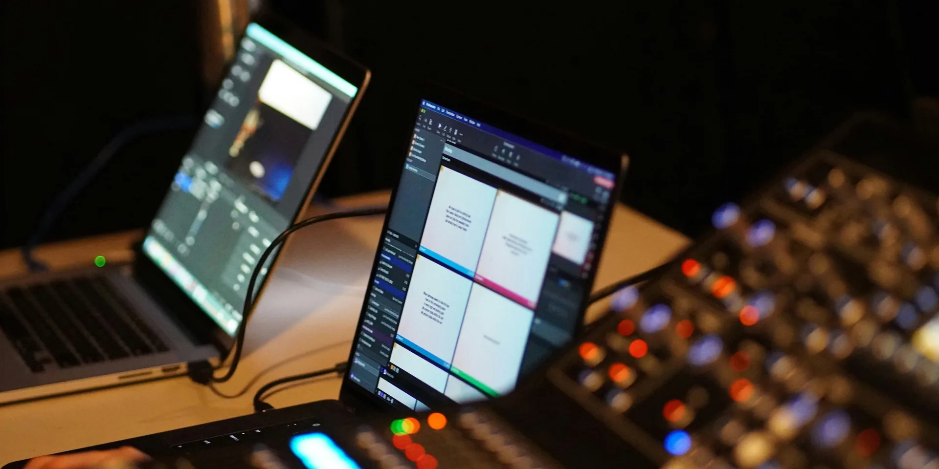 Presentation laptop connected to audio mixer for controlling slides and event sound