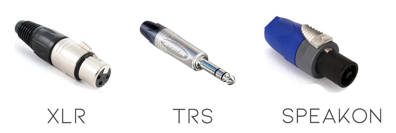 Pro audio cable jacks and connectors used to wire a PA system — XLR, TRS and Speakon