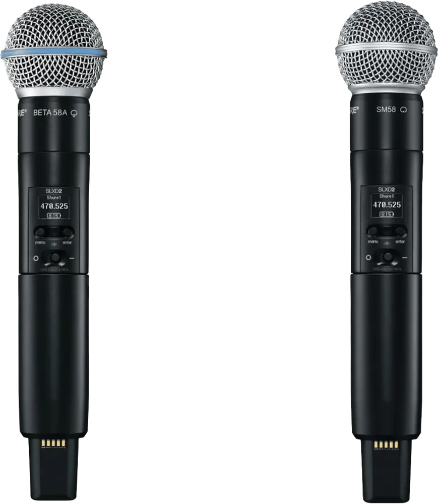 Two Shure SLXD2 wireless handheld microphones for outdoor events and live performances