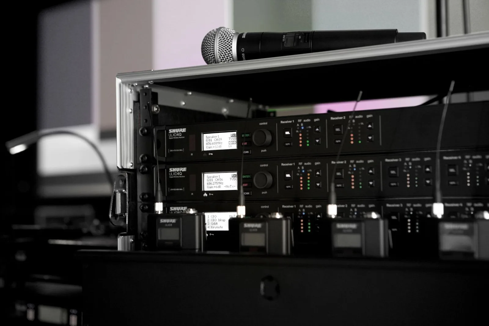 Shure ULX-D wireless microphone receiver rack mounted for live event audio