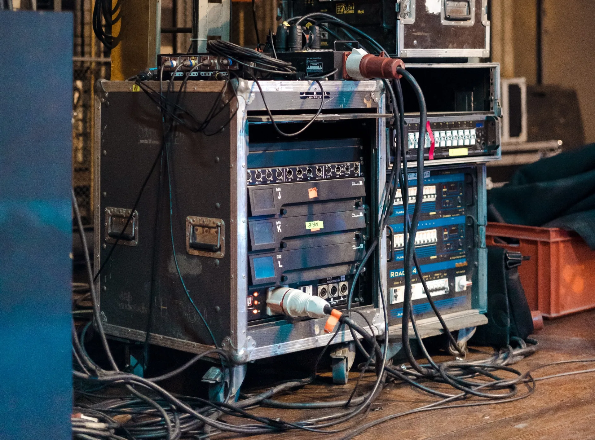Tangled audiovisual cables requiring proper cable management