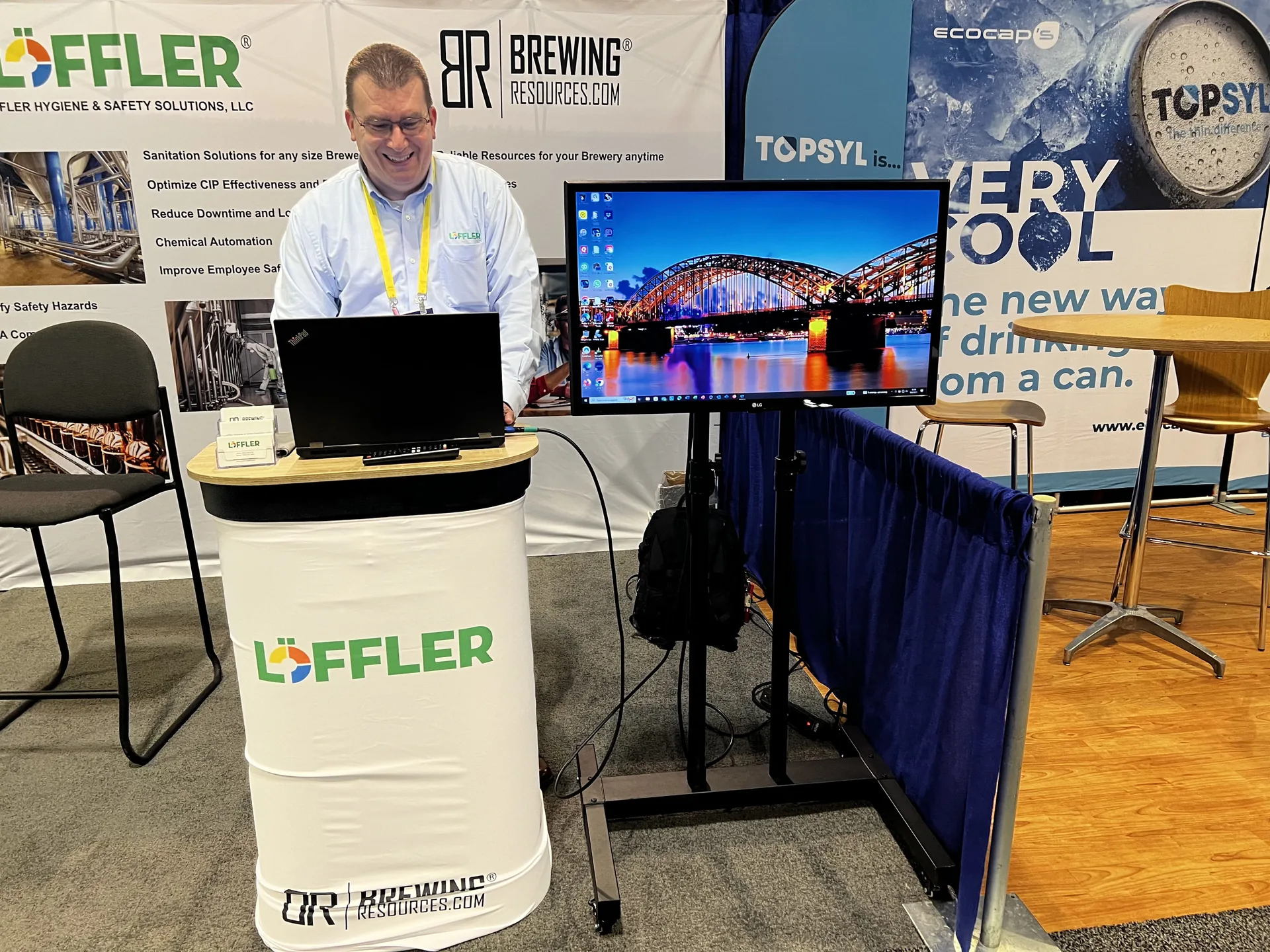Trade show booth being cleaned and prepared before an event