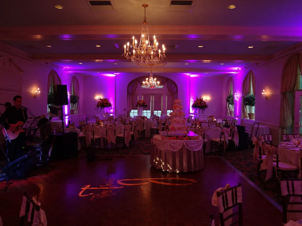 Live wedding band performing at a reception with guests on the dance floor
