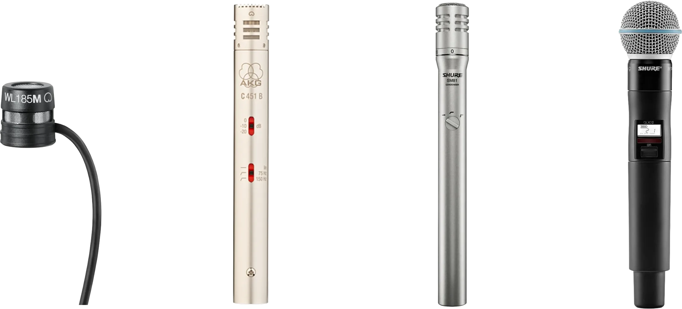 Microphone collection for wedding events including lavalier, condenser and wireless handheld mics