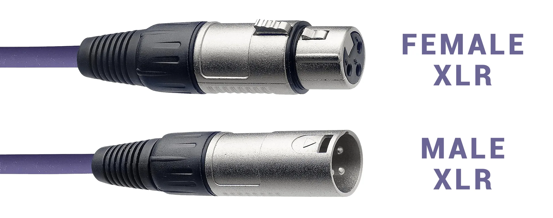 XLR cable connector types labeled — female and male ends used to connect audio equipment to a sound board
