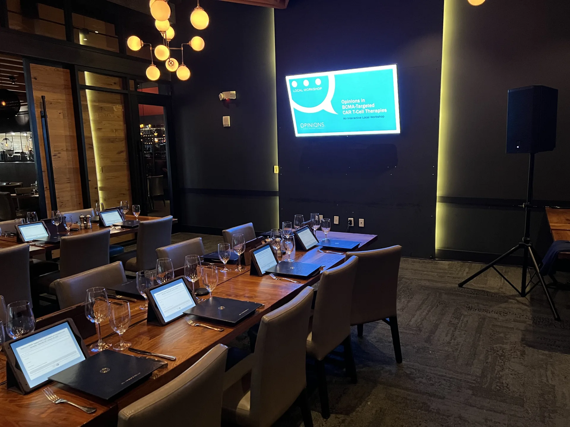 Corporate dinner event with a PA audio setup in a restaurant