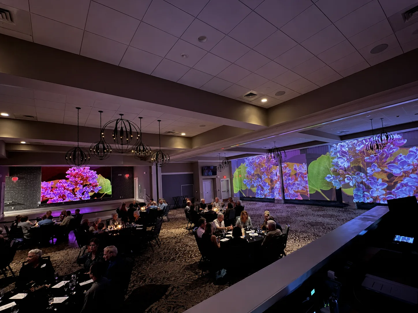 Immersive floral imagery projected across ballroom walls during an indoor event
