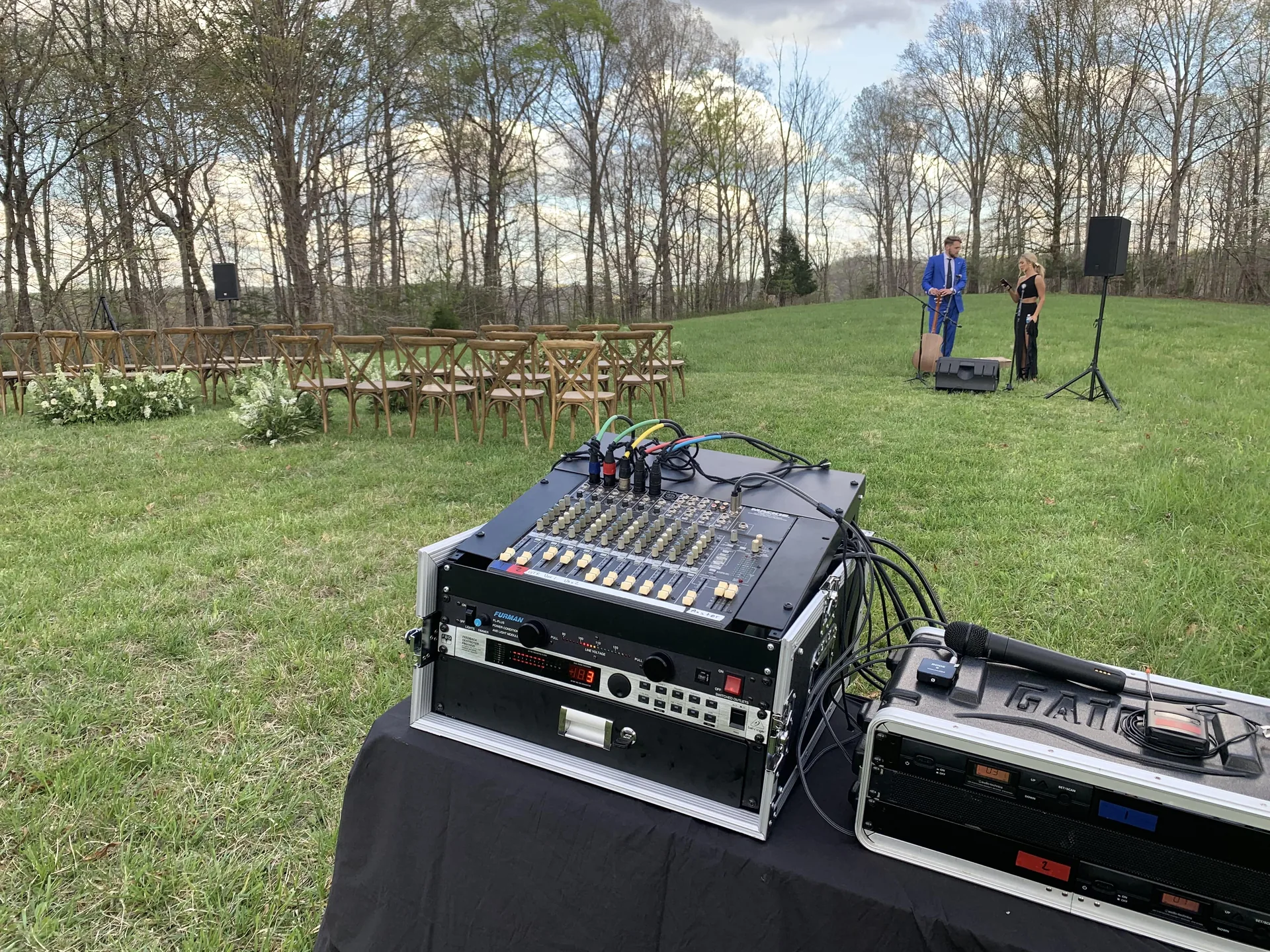 Outdoor wedding ceremony sound system with mixer and speakers for live musicians in Nashville