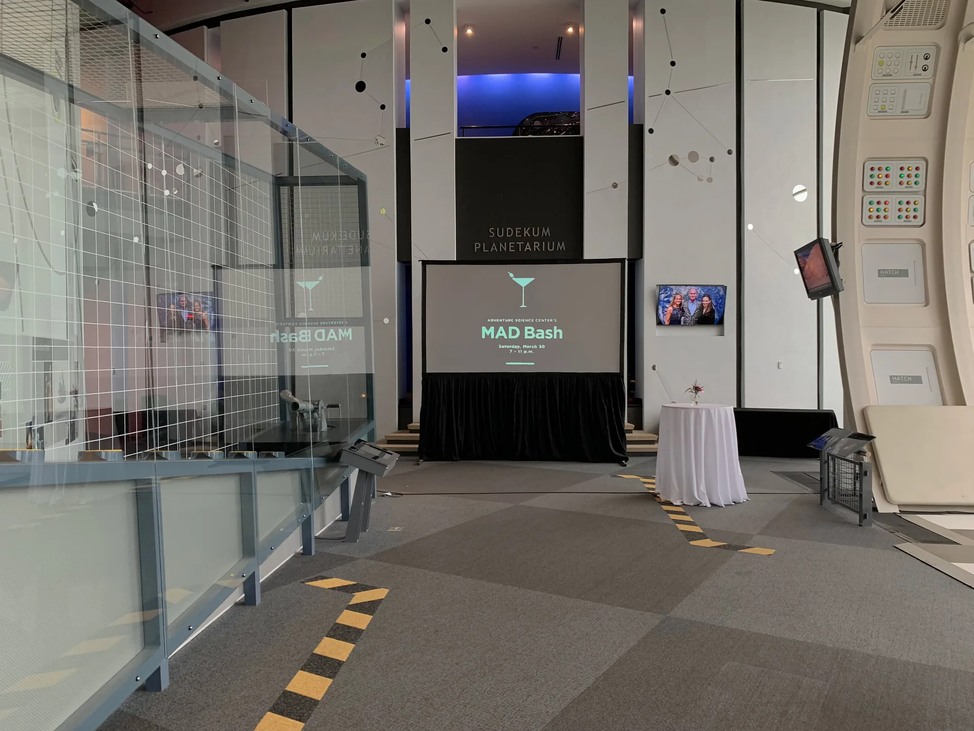 Projection screen rental and event drape setup for the MAD Bash event in Nashville